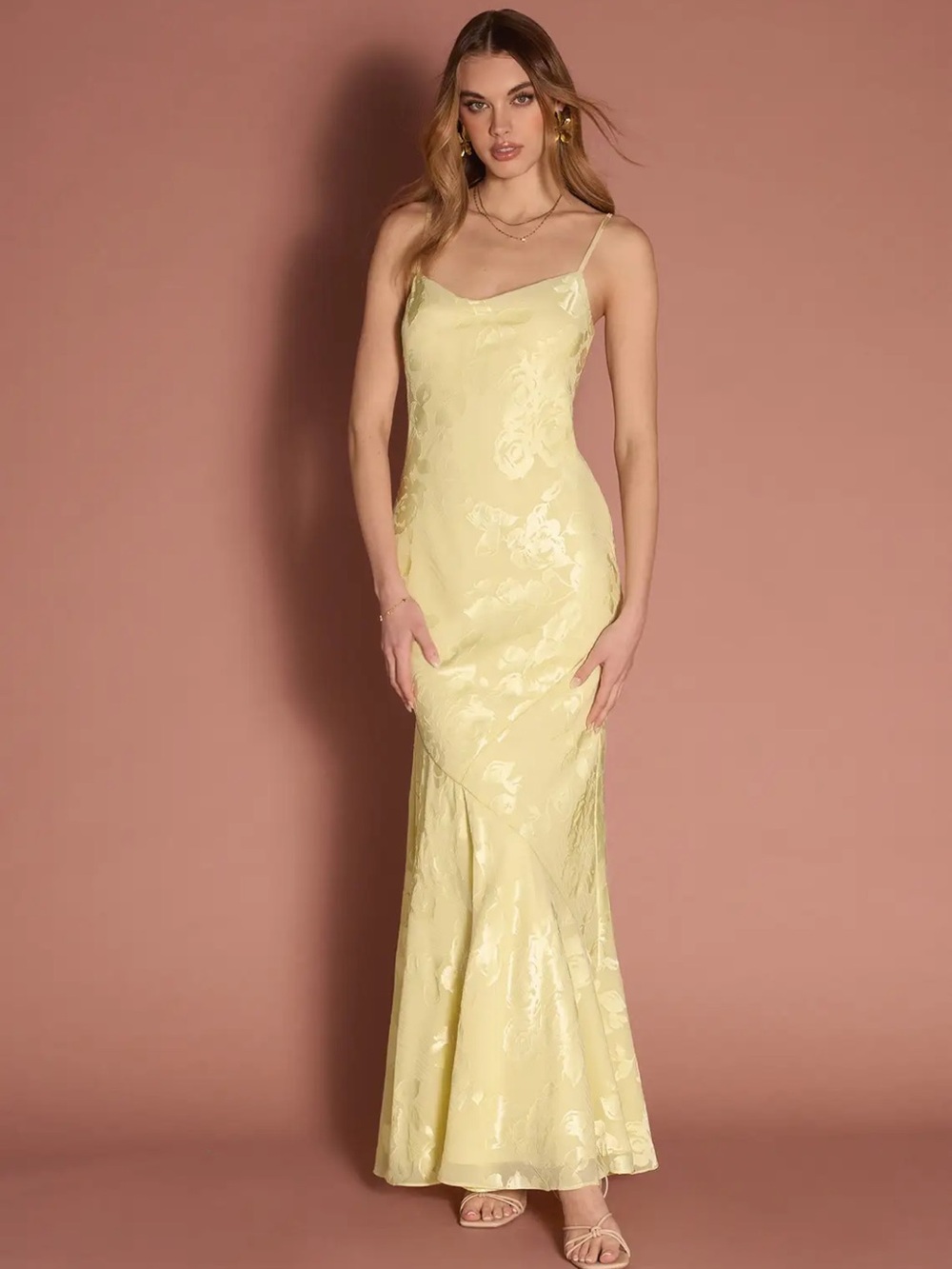 Azazie Atelier Sydney Butter Yellow Maxi Dress Cowl Neck Spaghetti Straps Size 4